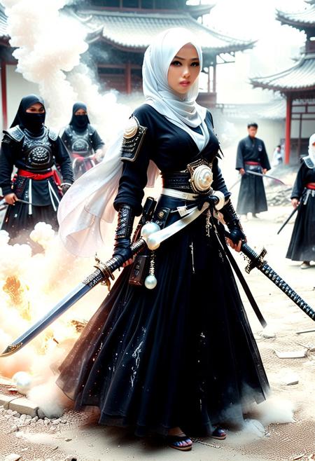 Pearlum, hkmagic, hijab and abaya, samurai, sword, mechine gun, chaos war situation, 1girl,