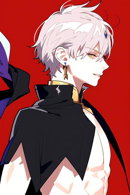 AGGA_ST015,  , Gilgamesh,  ? edmond dantes (fate) 809
General
? 1boy 1.0M
? black cape 16k
? cape 168k
? collared shirt 284k
? grey hair 467k
? hair between eyes 848k
? lips 121k
? looking at viewer 2.5M
? male focus 466k
? parted lips 366k
? red background 38k
? shirt 1.3M
? simple background 1.3M
? smile 2.2M
? solo 4.0M
? upper body 539k
? white shirt 565k
? wing collar 50k
? yellow eyes 524k, <lora:EMS-64308-EMS:0.800000>, , <lora:EMS-53599-EMS:0.800000>