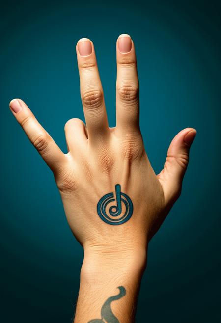 The image is a close-up photograph of a hand with a tattooed finger giving the sign for "OK," which involves placing the thumb and index finger in a circle while the other three fingers are extended straight out. The tattoo on the finger has an intricate design, but the specific details of the tattoo are not clear due to the close-up nature of the shot. The background is dark with a soft blue glow that subtly highlights the hand's shape against the surface it rests on. There is no text present in the image. The style of the photograph is artistic and appears to be digitally enhanced or filtered, as suggested by the selective color saturation and contrast.