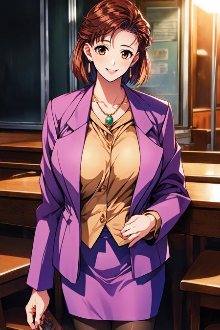 1girl, cowboy shot, standing,, smile, ooclassroom, large breasts, 
doukoku_marie, brown eyes, brown hair, short hair, jewelry, earrings, necklace, purple jacket, shirt, purple skirt, pencil skirt, pantyhose, <lora:doukoku_marie_lora_ver1:0.7>, best quality, masterpiece, highres, <lora:GoodHands-vanilla:1>