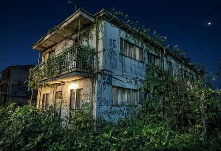 abandoned prefabricated housing estate, dilapidated, house front slightly overgrown with plants, scattered graffiti, night, moon shining, unpleasant atmosphere, picture taken from bottom to top, slight blue veil, cinematic lighting, highly detailed,