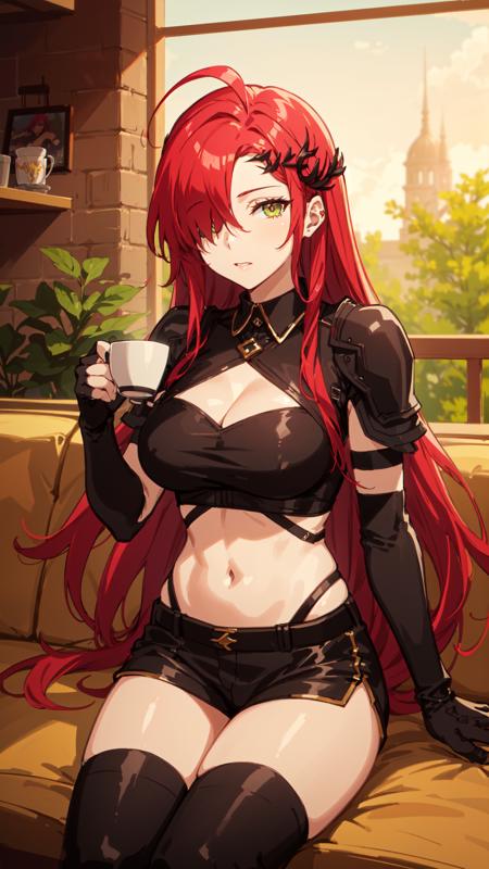 sisro a woman, long red hair which covering her right eye, green eye, black hair ornament, black adventure exposing body top, midriff, black gauntlets, black shoulder pads, teenie black jeans, black long stocking boots, holding yellow spear