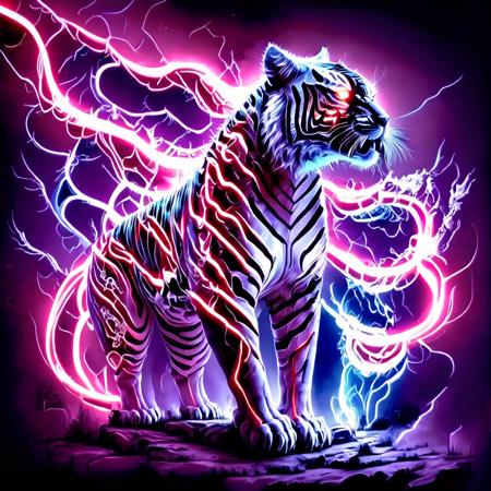 a tiger with lightning surrounded, fantasy animal  <lora:last:1>