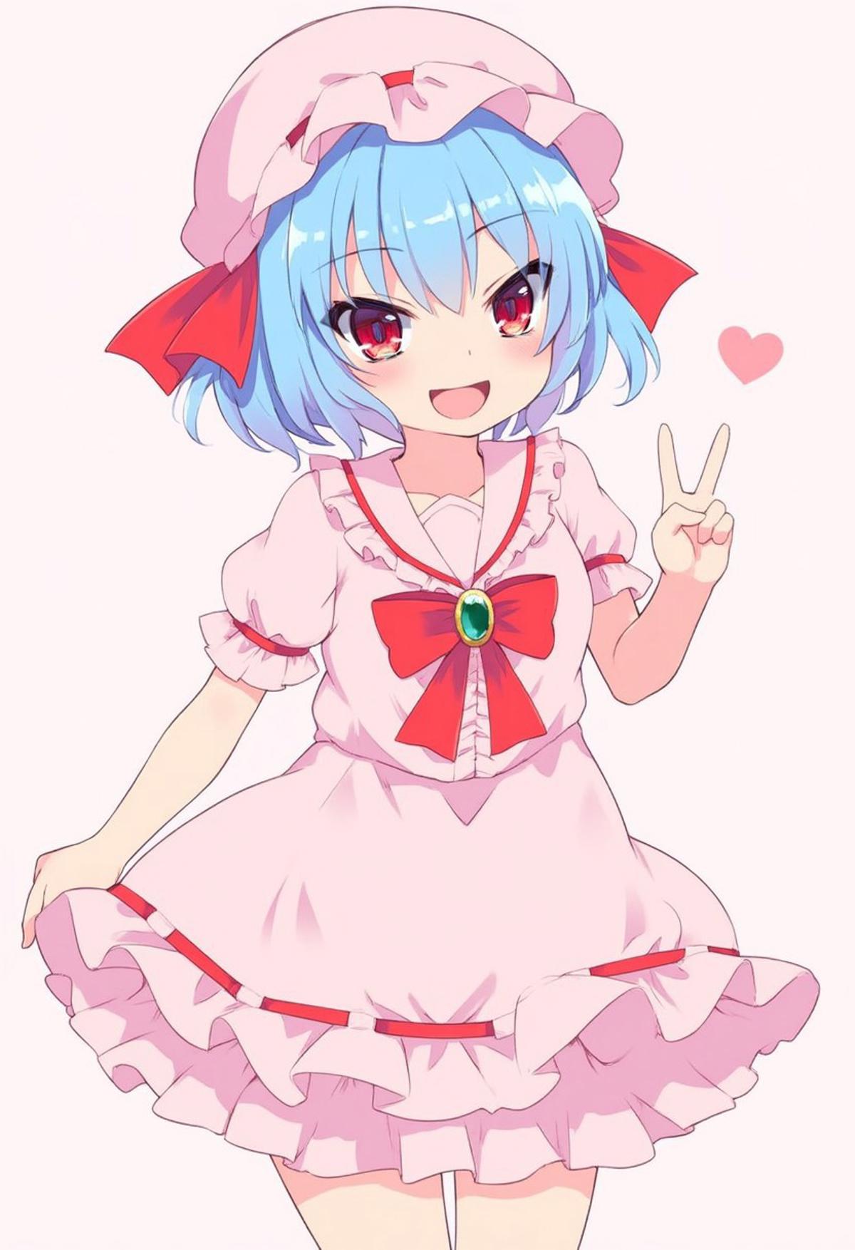 zankuro, medium breasts, smile,
Remilia Scarlet, red eyes, short blue hair, wearing her usual outfit of a pink pastel dress with a red bow inset with a green brooch paired with a mob cap,
from below, upper body, hearts,  smug, fang,
 She's doing a victory sign with one hand and her other hand is on her hip