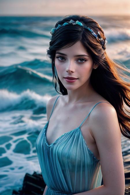 AshleyG_SoloTI_v1,
(happy,smile),
(In a billowing gown of sapphire-blue chiffon, adorned with iridescent seashells and seaweed, for a mesmerizing and alluring look),
(Amidst the crashing waves on a desolate shore, where the haunting melody of the sea entices sailors to their doom, a sense of enchantment and danger permeates the salty air:1.3),
(seductive:1.3),(analog, cinematic, film grain, hazy atmosphere, cinematic shot:1.3), 
 <lora:add_detail:0.6>,<lora:LowRa:0>, PA7_Portrait-MCU,