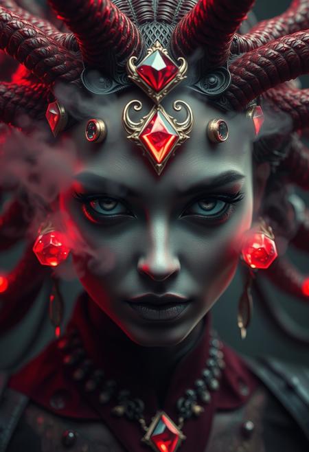 Antagonist Medusa with gems of mist mad gaze, dark deception, cinematic in Greg Rutkowski style, horrific , Trending on Artstation, Red and Black, <lora:add-detail-xl:1>, photography, beautiful eyes, ethereal beauty, magical atmosphere, whimsical element, enchanting composition, mystical storytelling, professional lighting, imaginative concept, creative styling, otherworldly aesthetic, fantasy romance, surreal visual, enchanting character, captivating narrative, intricate detail, vibrant color, fantastical landscape, hyperrealistic, fantasy, dark art, artstation, highly detailed, sharp focus, dystopian, iridescent gold, studio lights,