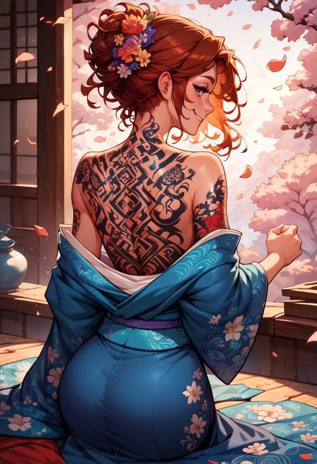 score_9, score_8_up, score_7_up, Japanese teenage girl, floral kimono, exposed shoulders, from behind, beautiful face, thick eyelashes, glossy eyes, auburn hair, cute smile, dark eyeshadow, shoulders tattoos, back tattoos, floral decoration in hair, falling petals, beautifully backlit, wideshot