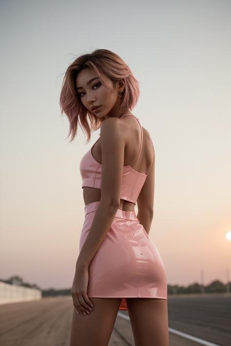 (Art Photography, Award Winning)  ((DV_Mya_Vicious at indy car race track wearing (pink latex dress:1.1)))) , Steve McCurry, 35mm, F/2.8, ((Photo Focus, DOF, Aperture, insanely detailed and intricate, character, hypermaximalist,  beautiful,  revealing, appealing, attractive, amative, hyper realistic, super detailed, heresy flares))(DOF, blurry background, sunset in the back of the character)Lens Flare, Heresy flare (skinny body, fit body, slim, abs, very long legs)