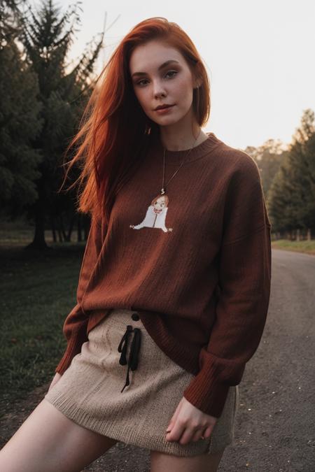 <lora:EvyDodl-000001:0.8> sweaty, cute girl, photograph, evydodl, 1girl, redhair, (slender body), (wearing makeup), (sweater), ((half-length portrait)), standing pose, outdoors, detailed skin, perfect composition, High Detail, absurdres, perfect lighting.<lora:lcm-lora-sdv1-5:1.0><lora:lcm-lora-sdv1-5:1.0><lora:lcm-lora-sdv1-5:1.0>