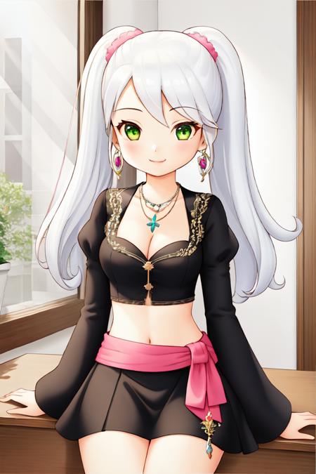 holvalice, white hair, twintails, pink scrunchies, green eyes, earrings, necklace, black crop top, juliet sleeves, long sleeves, brooch, midriff, cleavage, short skirt, black skirt, waist bow, pink bow, tiara, earrings, necklace, wedding dress, white dress, bare shoulders, sleeveless dress,