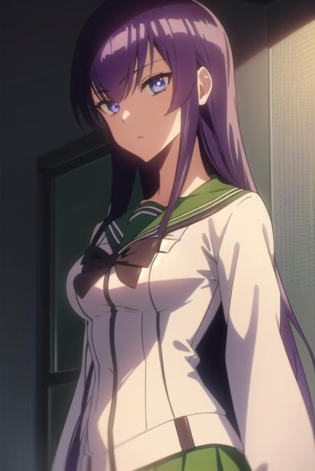 saekobusujima, <lora:saekobusujimatest:1>,
saeko busujima, long hair, purple hair, (purple eyes:1.1), hair between eyes,
BREAK skirt, long sleeves, bow, school uniform, serafuku, green skirt,
BREAK looking at viewer,
BREAK indoors, classroom,
BREAK <lora:GoodHands-vanilla:1>, (masterpiece:1.2), best quality, high resolution, unity 8k wallpaper, (illustration:0.8), (beautiful detailed eyes:1.6), extremely detailed face, perfect lighting, extremely detailed CG, (perfect hands, perfect anatomy),