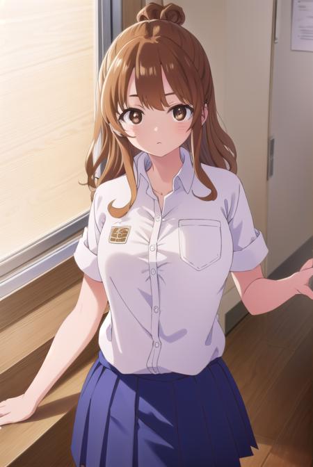 moekosekine, <lora:moeko sekine s1-lora-nochekaiser:1>,
moeko sekine, long hair, skirt, brown hair, (brown eyes:1.5), hair bun, single hair bun, sidelocks,
BREAK skirt, shirt, school uniform, white shirt, short sleeves, pleated skirt, collared shirt, blue skirt,
BREAK indoors, classroom,
BREAK looking at viewer, (cowboy shot:1.5),
BREAK <lyco:GoodHands-beta2:1>, (masterpiece:1.2), best quality, high resolution, unity 8k wallpaper, (illustration:0.8), (beautiful detailed eyes:1.6), extremely detailed face, perfect lighting, extremely detailed CG, (perfect hands, perfect anatomy),