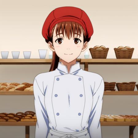 masterpiece,high quality,bakery shop,
<lora:bakeryclerk001:0.7>,smile,
bakeryclerk,1girl,
red headwear,
chef,uniform,double-breasted,white shirt,sleeves rolled up,
waist apron,