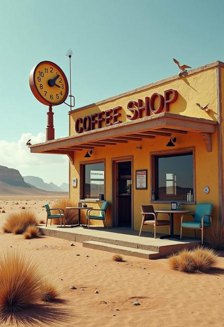 An outside view of a futuristic abandoned lonely coffee shop, post apocalyptic barren planet, dry and dusty, parched surface, hot windy atmosphere