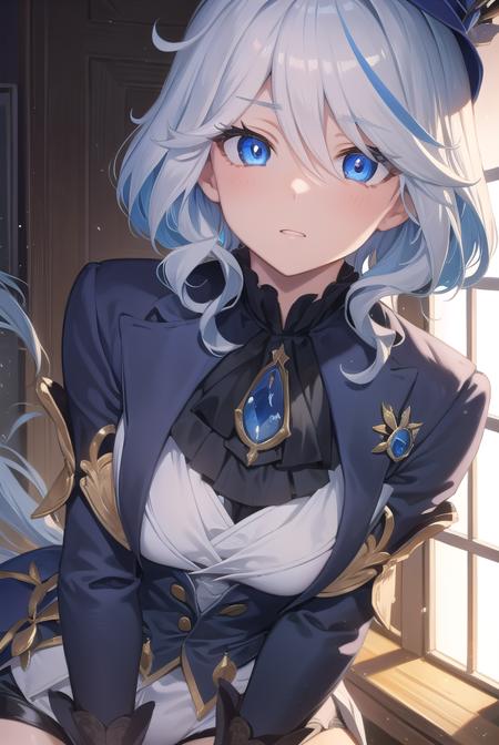 furina, blue eyes, blue hair, cowlick, ahoge, hair over one eye, light blue hair, short hair, asymmetrical gloves, black gloves, frills, gloves, half gloves, hat, shorts, tailcoat, thigh strap, top hat, white gloves, white shorts,