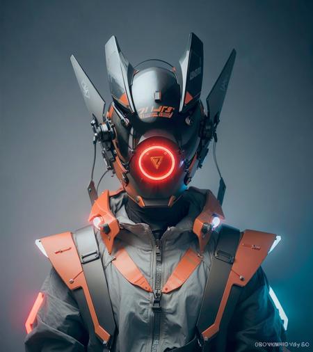 masterpiece, best quality, a close up of a futuristic looking cyborg girl with a fantastic cyberhelmet head with red triangle led lights and a halo, wearing a orange techwear jacket, white background <lora:cyberhelmetv0.7:0.8>