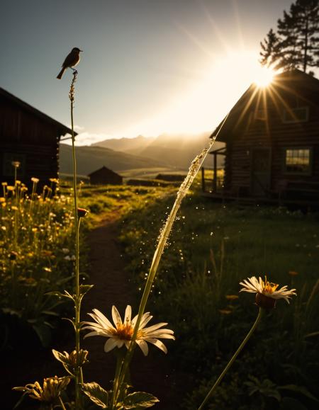 Its long, needle-like bill probes the heart of the flower, seeking sustenance. The sun highlights the intricate detailsâthe fine lines etched into the bill, the tiny barbs that allow it to extract nectar. The birdâs body quivers with energy, fueled by the sugary elixir it consumes.<lora:god rays:0.6>, Light Leaks Overlay filter, Cinematic photography, movie mood, cinematic light, compelling composition, storytelling elements, conveys emotion, mood, and narrative depth, creating visually striking images that feel like still frames from a film, Wide angle, chaotic cabin in background. vibrant, photorealistic, realistic, dramatic, dark, sharp focus, 8k.
