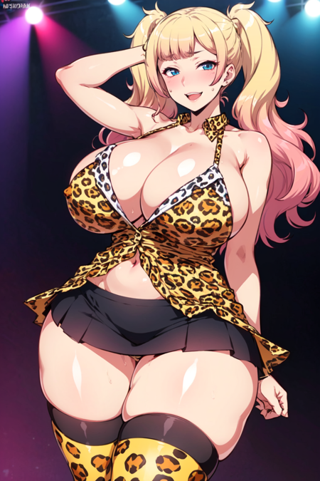 (Masterpiece), Yariko (JK Bitch ni Shiboraretai), (huge breasts:1.35), (wide hips), (thick thighs), (blonde to pink hair), (two tone hair), (blue eyes), (gyaru), (leopard print shirt:1.4), (bare shoulders, cleavage), (black miniskirt:1.4), (high twintails), (long hair), (cowboy shot), (nightclub), (smile), (open mouth, half closed eyes:0.8), (looking at viewer), (blush:1.2), (thighhighs:1.4)