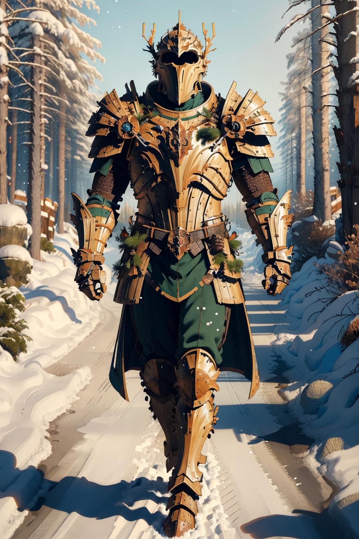 A man in a green and gold costume walking down a snowy path.