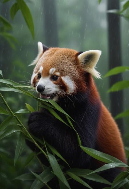 Red panda eating bamboo leaves in the rainy forest, very realistic photography