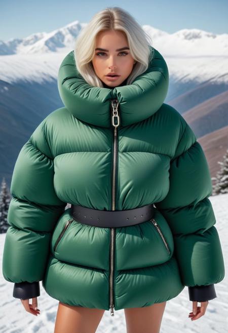 high tech mad science mind-control collar, ziped up oversized thick sherpa padded puffer coat with large turtleneck, With Having Her Entire Neck Covered In Thick Padded Neck Brace, very cold, puffer skirt, full body, winter, snow, mountains, 1girl, masterpiece, detailed face, detailed eyes, beautiful detailed eyes, sidelighting, super detail, hyper detail, intricate_details, detailed, looking at viewer, very detailed face, Blonde hair, white hair, absurdly long hair, hair between eyes, straight hair, green eyes, put your hair behind your ears, eyelashs, eyeliner, eye shadow, wet hair, sweat, white skin, Angry face, blush, padded cuffs, padded collar, Thick padded cuffs, Thick padded collar, sprawled, bound, bdsm, restrained, cuffs, spread legs,spread arms, <lora:Collar-SDXL:0.6>, <lora:Cuffs-SDXL:0.6>, <lora:Puffer_Jacket_and_Down_Jacket_-_Extra_Puffy_Jackets:0.6>, <lora:puffer_skirt_v1:0.6>
