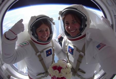 Astro-Brides, The first wedding in space, two women get married in spacesuits, a non-religious space commander officiates the wedding, both of the women have wedding veils on the outside of their spacesuits, in space, outside the spacecraft,