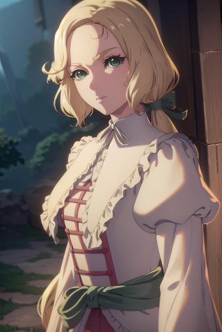 castlevaniamaria, long hair, blonde hair, (green eyes:1.5), hair bow, bow, green bow, low ponytail, long sleeves, dress, puffy sleeves, pink dress, sash, green sash, collar, white collar,