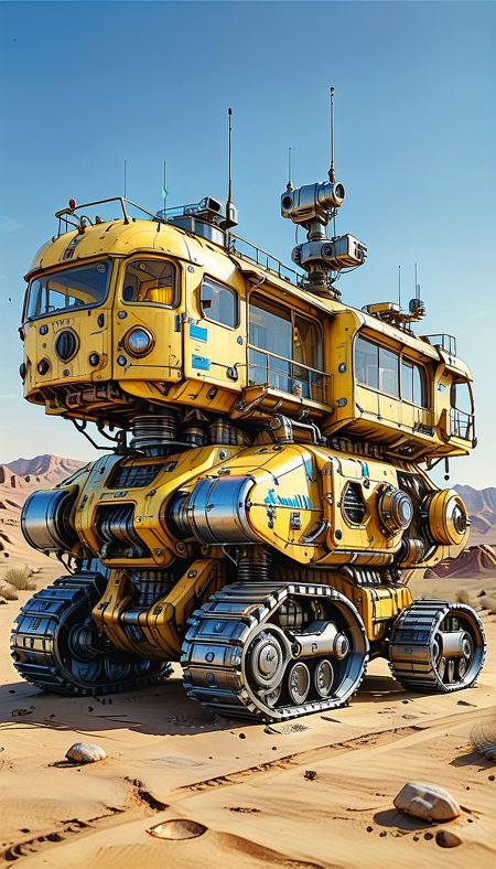 (no humans, ground vehicle, motor vehicle, outdoors, radio antenna, science fiction, vehicle focus, sky, robot, mecha, desert, Tracked Vehicle, Traction City, yellow paint),
blue neon, hyperrealism, glossy, shinny, clear image, accurate picture, clear picture, precise image, focused image, Science fiction style, Science fiction,
(ultra sharp focus:2), (detailed windows:2), (thin lines:2), (reflections:0.5), (best quality:1.8),
<lora:Apparatus_-_Traction_City_Walkers_Vehicles:0.8>