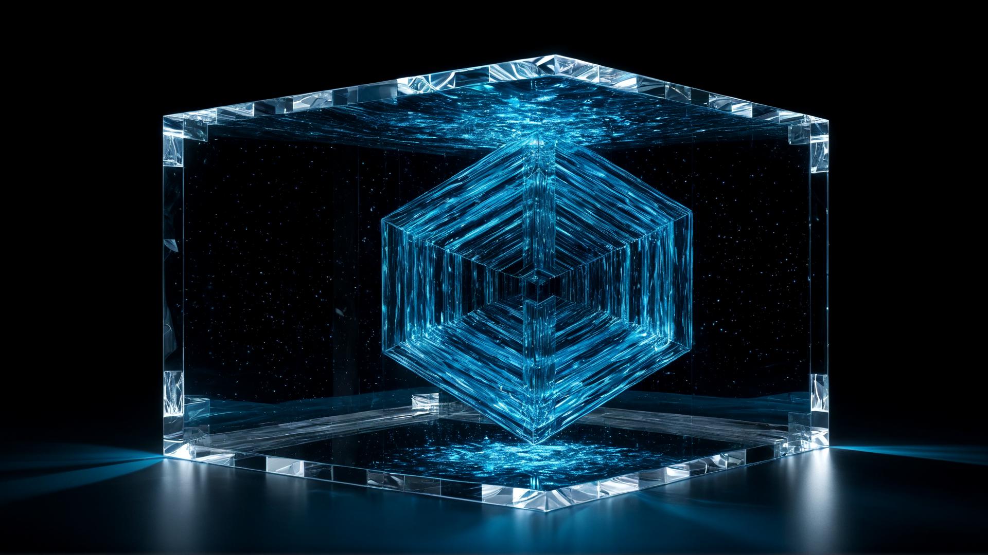 Suspended in mid-air: a rotating, semi-transparent cube, with complex light rays streaming through it. The cubeâs core glows with neon blue, and the light passing through bends and refracts onto the surrounding black backdrop., Photorealistic, Hyperrealistic, Hyperdetailed, analog style, soft lighting, subsurface scattering, realistic, heavy shadow, masterpiece, best quality, ultra realistic, 8k, golden ratio, Intricate, High Detail, film photography, soft focus