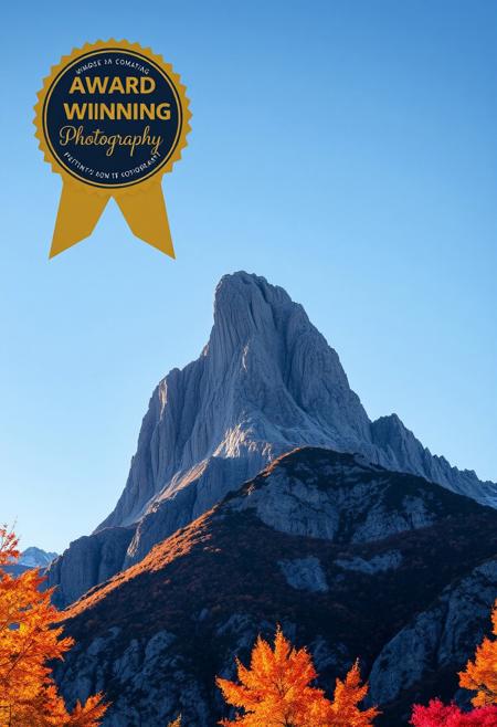 Award-winning photography, towering mountain peak, autumn scenery with vibrant fall colors, clear sky with no clouds, crisp atmosphere, golden and red leaves, sharp mountain textures, dramatic sunlight, wide-angle shot, professional composition, serene and peaceful.
