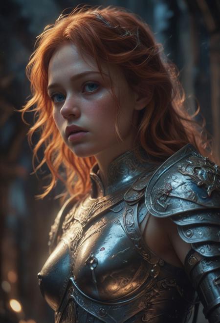 High resolution ultra-realistic of Beautiful Warrior Sadie Sink as Joan of Arc, 8k, capturing the intensity of the moment, cinematic lighting, standing on a bloody and stormy battlefield in bloody battle, wavy red hair, realistic dirty pale face, realistic blue eyes,  beautiful hourglass figure, burning in a medieval Town, intricately designed iron and silver armor, Dark Ages Aesthetic, perfect athletic figure, beautiful Warrior Joan of Arc, fire, ultra realistic, cinematic style, vigorous and seductive, athletic figure, dark fantasy, dramatic lighting, wet and sweaty skin, dirty skin, athletic figure, dark fantasy, dramatic lighting, Greg Rutkowski style,, Warrior Joan of Arc on in iron armor, hyper-detailed, hyper-realistic, bright colours, Attractive 21 old years girl, Attractive, beautiful firm Breasts, sharp focus, digital painting, Photograph Taken on Nikon D750, Alphonse Mucha, 8K, athletic figure, Hyperdetailed, hyperrealism, Attractive, Attractive bust girl, asymmetric balance