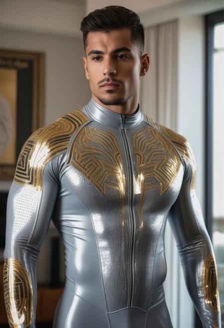 a strong 24-year-old spanish bodybuilder male, with a side fringe curtains hairstyle, detailed face, mindless expression, wearing a skin tight light-gray latex bodysuit with silver and gold electronics circuits patterns, standing at attention posture, on a modern living room, looking to the camera,  detailed face, professional photography, shot on sony a 7RIII , looking to the camera,  detailed skin face and eyes, natural lighting ,  film grain, low contrast, natural face,  dark circles under eyes