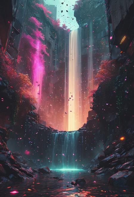 Hidden Waterfall: night time, milky way , Deep within a forgotten cyberpunk skyscraper:1, raise from a hidden waterfall cascades down glowing crystals. The air hums with mystical energy, thousand butterflies swarming  at the base of the falls, butterfly colorful wings imbued with an shimmering dark night  otherworldly.