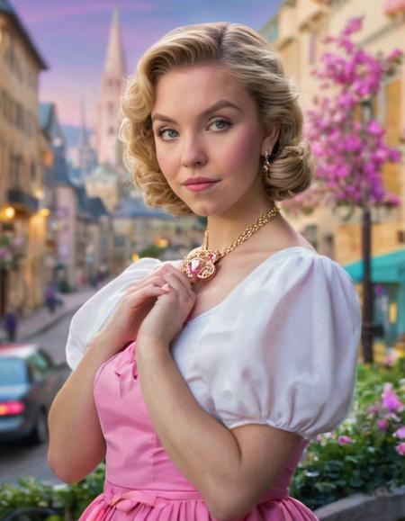 waist up  portrait of (syds woman), As Helga Pataki from Hey Arn!, wearing her pink dress, white shirt, and pink bow, secretly watching Arn from afar with her locket, capturing her unrequited love, city street background, vibrant colors, detailed environment, true to the distinct art style of the show, high-resolution, nostalgic scene.,
 <lora:SydneySweenyXLDogu:1>