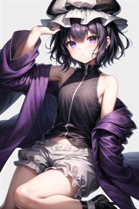 androgynous, 1other, bare shoulders, purple eyes, black hair, short hair, hat, mob cap, triangular headpiece, purple jacket, hooded jacket, off-shoulder jacket,puffy shorts, shorts, white shorts, wide sleeves, sleeveless shirt, black shirt, purple footwear, frilled hat