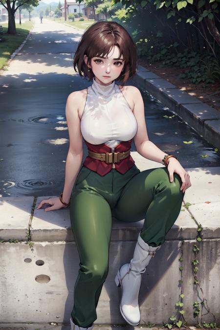 (masterpiece, top quality, best quality, official art, beautiful and aesthetic:1.2), (1girl:1.3), (fractal art:1.3), solo, 
short hair, breasts, pants, sleeveless,brown hair, sleeveless, closed mouth, bare shoulders, white turtleneck,toned,
green pants,  white footwear,boots,
outdoors, sunlight, 
simple background, looking at viewer,   <lora:Annie:0.8>