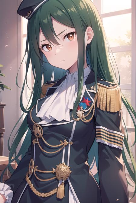 cruschkarsten, <lyco:cruschkarsten-lyco-nochekaiser:1>,
crusch karsten, long hair, hair between eyes, green hair, (brown eyes:1.4),
BREAK gloves, long sleeves, hat, jacket, boots, frills, white gloves, black footwear, uniform, military, ascot, military uniform, armband, epaulettes, white ascot,
BREAK looking at viewer, full body,
BREAK outdoors,
BREAK <lyco:GoodHands-beta2:1>, (masterpiece:1.2), best quality, high resolution, unity 8k wallpaper, (illustration:0.8), (beautiful detailed eyes:1.6), extremely detailed face, perfect lighting, extremely detailed CG, (perfect hands, perfect anatomy),