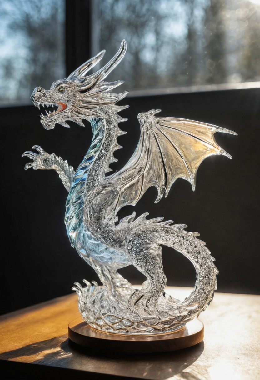 Product photo, a glass dragon scupture, beacutful sunrays, intense lightingting, sunlight lighting, sharp lighting, detailed, analog, DSLR