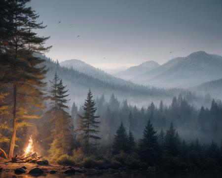 (8k, Best quality, Masterpiece),(magazine cover:1.2),Super Detail,Petal,forest,Firefly,Particles,Poster,design,3D art,A nice composition.,Surreal,OC render,Complex,details,Ray tracing,Depth of field,Beautiful creative picture,(exquisite text layout:1.2),(large theme text:1.5),haibao,(masterpiece, top quality, best quality, official art, beautiful and aesthetic:1.2), campfire, fog, <lora:moonriver-noise:0.3> <lora:Ink scenery:0.5> <lora:more_details:1>