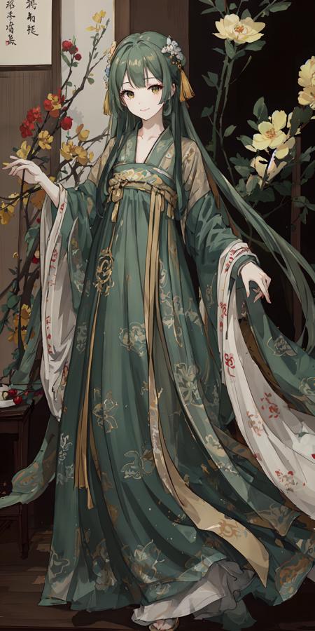 <lora:tang_hanfu:0.55>,(hanfu),(chinese clothes),((floral print)),((green magnificent print long sleeves)),((yellow print see-through dress)),shukezouma, negative space, shuimobysim , portrait of a woman standing , willow branches, (masterpiece, best quality:1.2), traditional chinese ink painting, modelshoot style, peaceful, (smile), looking at viewer, song, willow tree in background, wuchangshuo, <lora:Moxin_10:0.5>