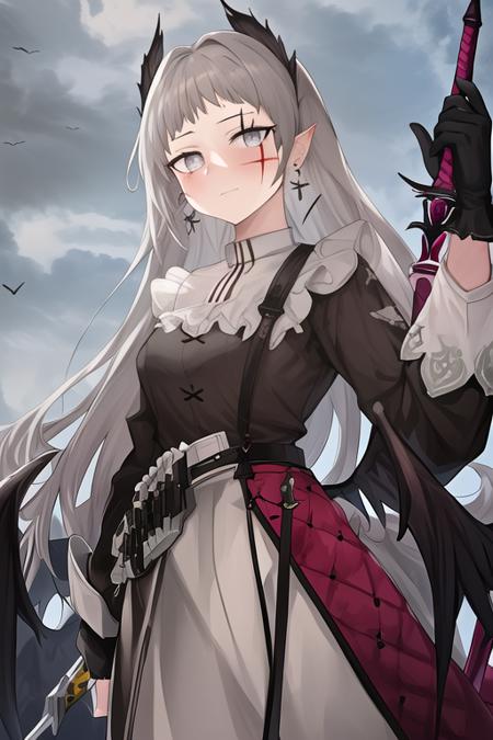 masterpiece, best quality, highres, 1girl, solo, {irene_arknights:1.10}, long_hair, head_wings, grey_hair, scar, scar_across_eye, grey_eyes, earrings, jewelry, closed_mouth, scar_on_face, sword, very_long_hair