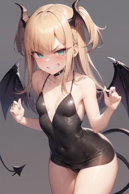 1girl, solo, masterpiece, best quality, <lora:reines_v2:0.8>, smile, demon tail, grin, tail, +++, simple background, blush, looking at viewer, v-shaped eyebrows, teeth, collarbone, small breasts, smug, evil grin, dress, wings, sleeveless dress, camel toe