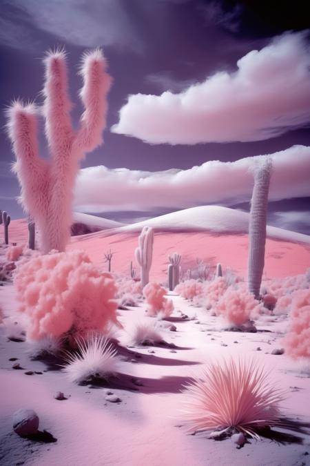 <lora:Infrared Photos:1>Infrared Photos - An infrared image of a desert, unseen wavelengths revealing hidden textures and life, the unseen world brought to the forefront