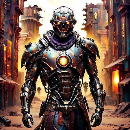  hyper-detailed 35mm film still bursts with vivid colors—intense purples, fiery reds, and gleaming golds—in a dynamic scene that captures a futuristic cyborg styled as a Steampunk Roman Praetorian. In full body, this faceless android formerly served as a War Weary and Battlescared Steampunk Centurion in the Praetorian Guard and now returns as an Evocati. He strides aggressively through a neon-lit urban steampunk rusted battlefield where ancient Roman architectural ruins blend seamlessly with cutting-edge cybernetic design. His intricately detailed helmet, adorned with ornate, softly luminescent engravings and digital overlays, echoes the classical “SPQR” grandeur while his sleek, metallic armor reveals scars and wear from countless past campaigns. The cyborg’s poised yet determined expression (conveyed through piercing, emotionless optics) hints at his inner awareness: all along, he’s been unraveling the betrayal and nefarious conspiracies of his former comrades. The background whirls with motion—a blur of futuristic elements and shifting light—while dynamic neon streaks and digital grain emphasize the cinematic, high-energy ambiance. Every element, from the reflective chrome surfaces to the holographic battlefield details, underscores that this character is not a mere statue but a living, breathing veteran caught in a swirling conflict between loyalty and treachery.