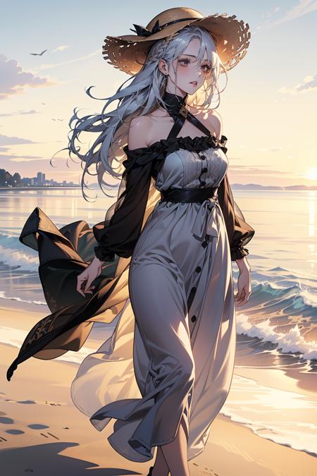 (absurdres, highres, ultra detailed), (official art, extremely detailed CG unity 8k wallpaper, beautiful and aesthetic:1.2), (1girl:1.3), long hair, silver hair, braid sidelocks, extremely detailed, A woman walking on the beach for her summer vacation, she's wearing a wheat hat and a maxi dress