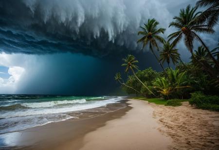 A heavy storm with rain on a sandy beach between palm trees.