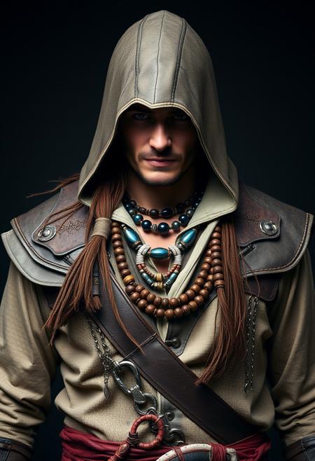 Assassin's Creed Character, pirate costume, leather armour, tribal necklaces,  masterful studio photography