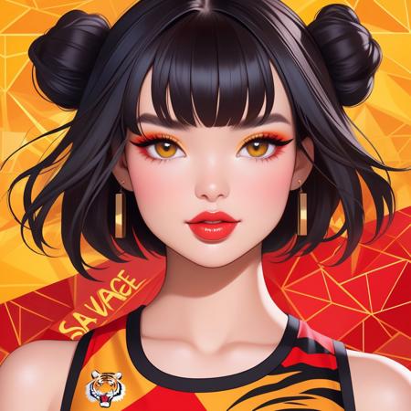 Generate a realistic portrait of a young woman with styled black hair, featuring two buns and soft bangs framing her face. She has a radiant complexion with bold eye makeup and natural lipstick. She wears a cropped, sleeveless graphic top with a tiger and the text "SAVAGE" in bold red and yellow colors, giving her a casual and edgy vibe. The setting is a modern interior with warm ambient lighting, featuring sleek furniture and geometric patterns in the background. The mood is lively and energetic, with soft highlights accentuating her confident expression. harmonny