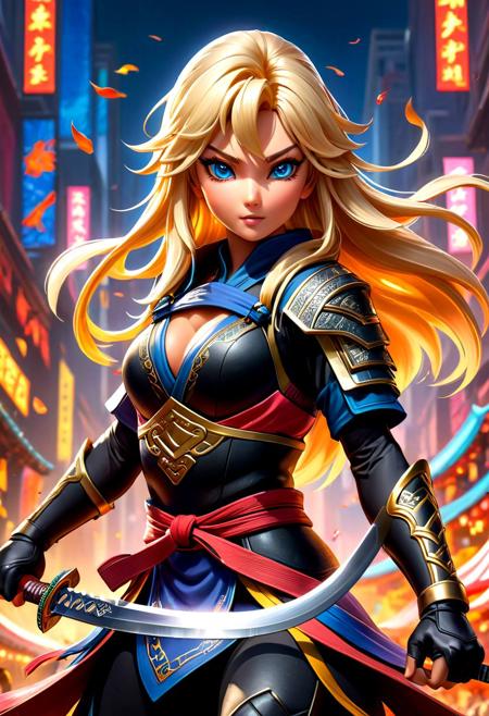 masterpiece,HDR,trending on artstation,sharp focus,high contrast,8K,Hyper-detailed,intricate details,cinematic lighting,   <lora:add-detail-xl:1> perfect eyes, crystal clear eyes, nsfw, hyper maximalist , American theme, blonde hair, 
image presents a stylized  ninja, characterized by vibrant and abstract splashes of hot dogs and eagles. the main figure, the ninja, is depicted in a dynamic pose, holding a sword, which suggests action or combat. the background features bold and expressive brush strokes that create an energetic atmosphere. the colors used are vivid and varied, with multiple shades and hues creating a lively visual experience. overall, the style can be described as modern and artistic, with a strong emphasis on movement and energy.