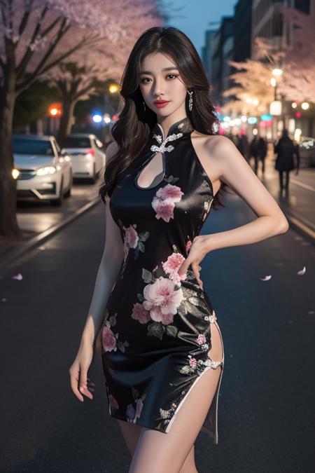 ltra-detailed,highly detailed,best quality,masterpiece,illustration,realistic, 
whqp,qipao, 1girl, solo, 
china dress, chinese clothes,print dress, shiny dress, pantyhose, 
hand on hip,
looking at viewer, cowboy shot, standing, 
long hair,
outdoors, photo background, night, city lights, street,cherry blossoms, falling petals, 
 <lora:whqp qipao_v2_03:0.7>